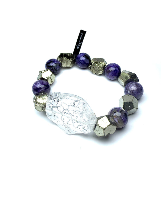 Charoite with Pyrite and Iris Crystal.