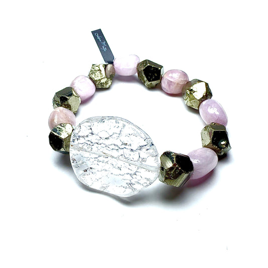 Kunzite with Pyrite and Iris Crystal.     Love. Emotional Stability. Confidence.