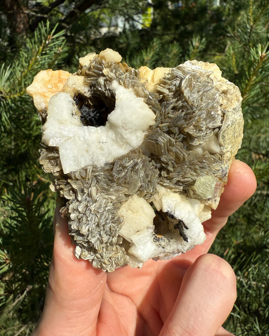 Muscovite with Black Tourmaline and Aquamarine Crystal.